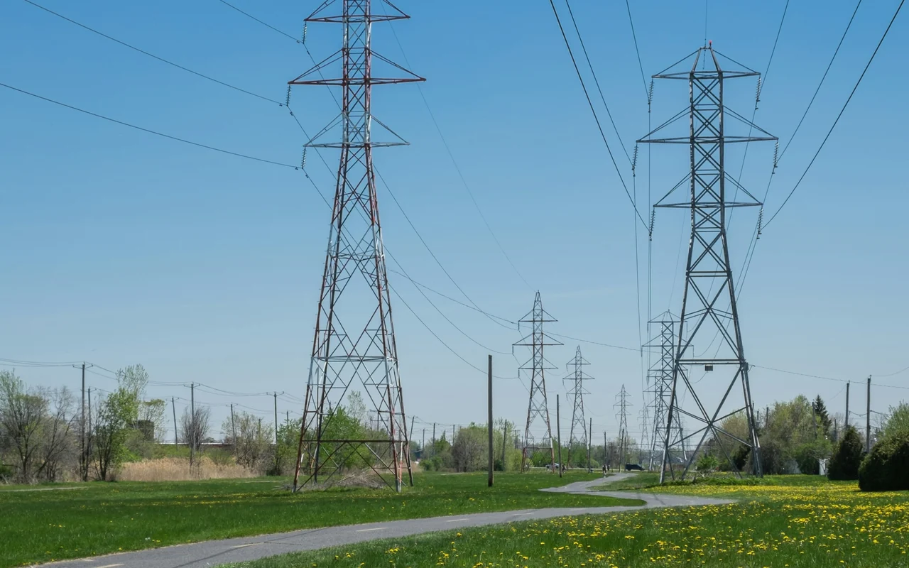 Linia energetyczna nad łąką, w tle kolejne słupy
