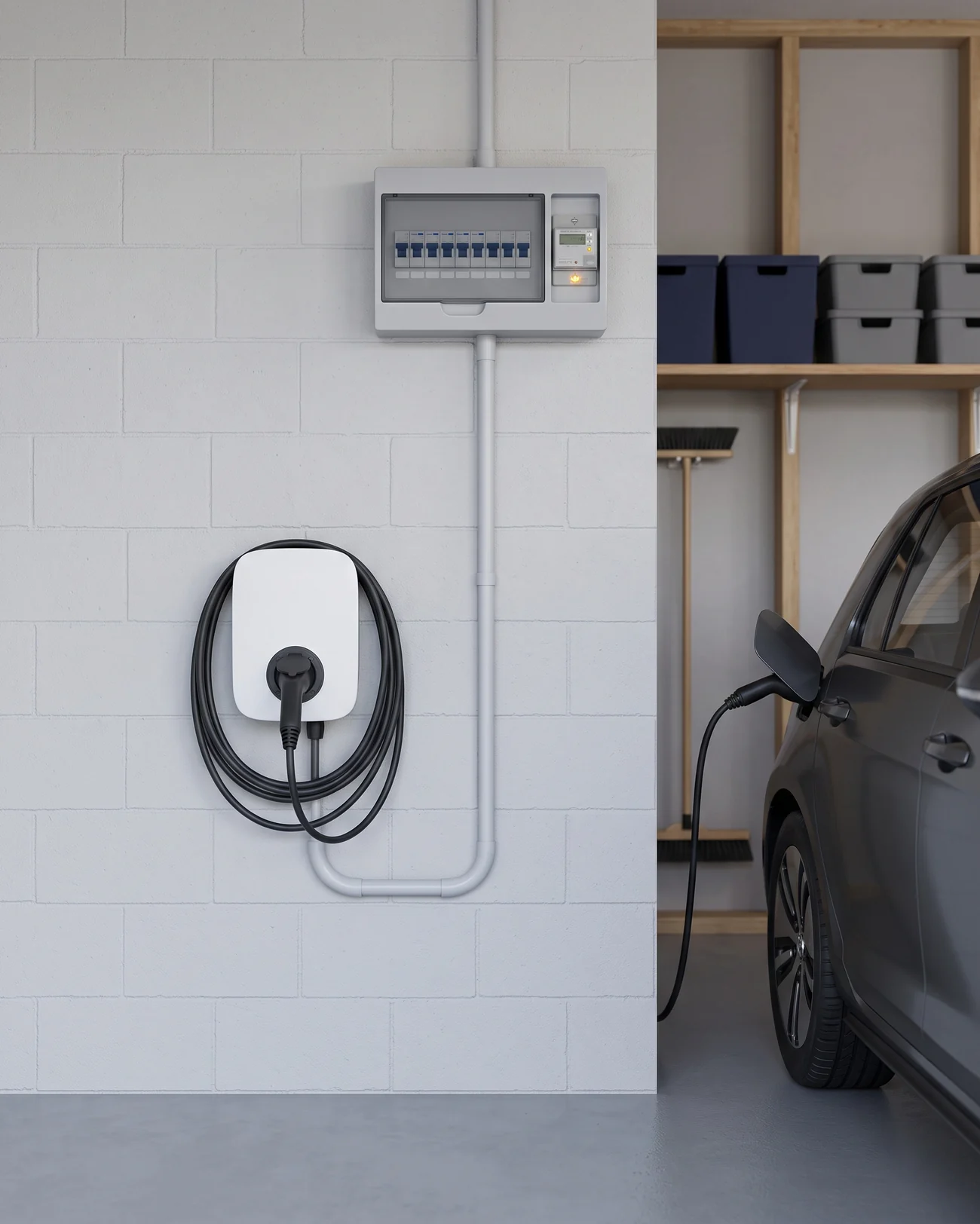Ściana garażu z całą instalacją: wallbox ze zwiniętym przewodem, kanał kablowy i rozdzielnica z zabezpieczeniami nad nim, obok auto na ładowaniu