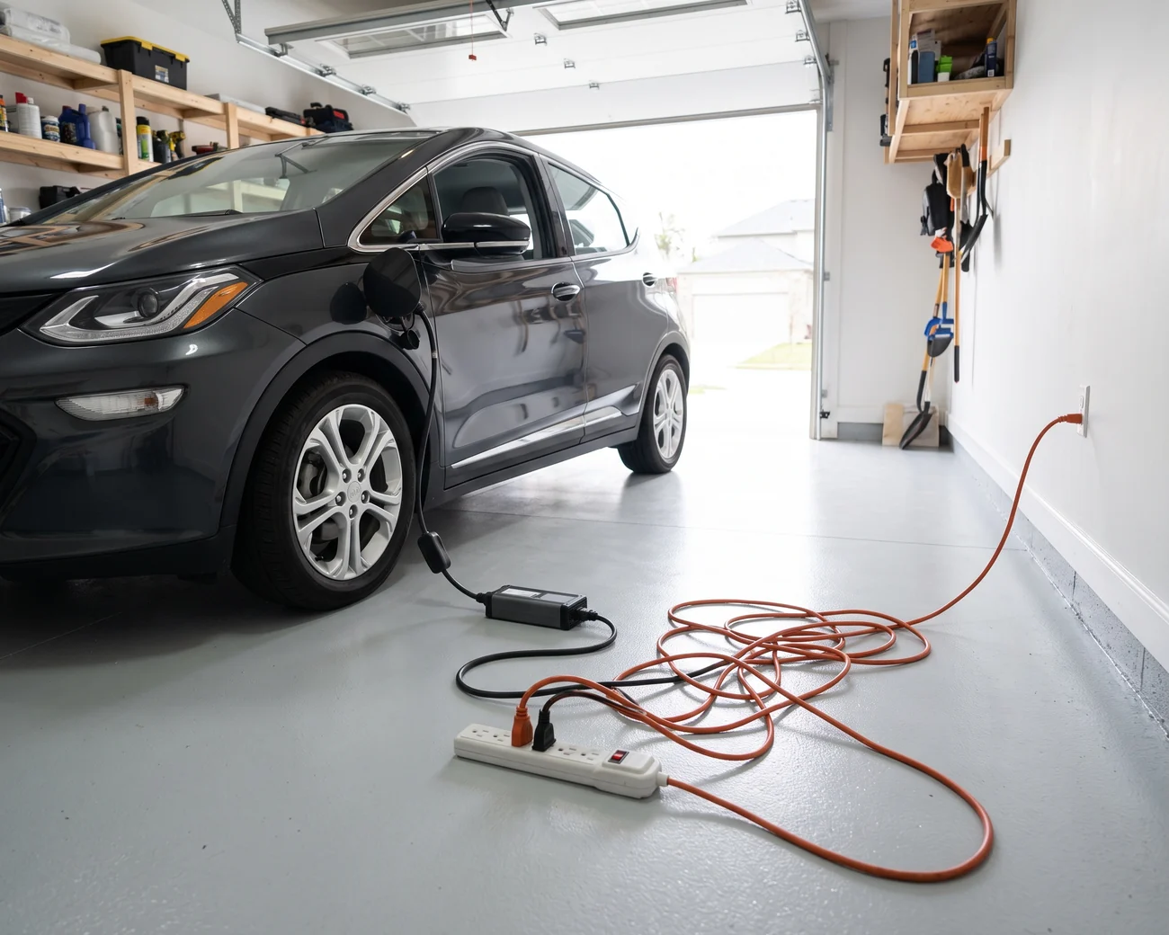 Zadbany garaż z autem elektrycznym: ładowarka przenośna wpięta w zwykłą listwę zasilającą i pomarańczowy przedłużacz leżący na podłodze