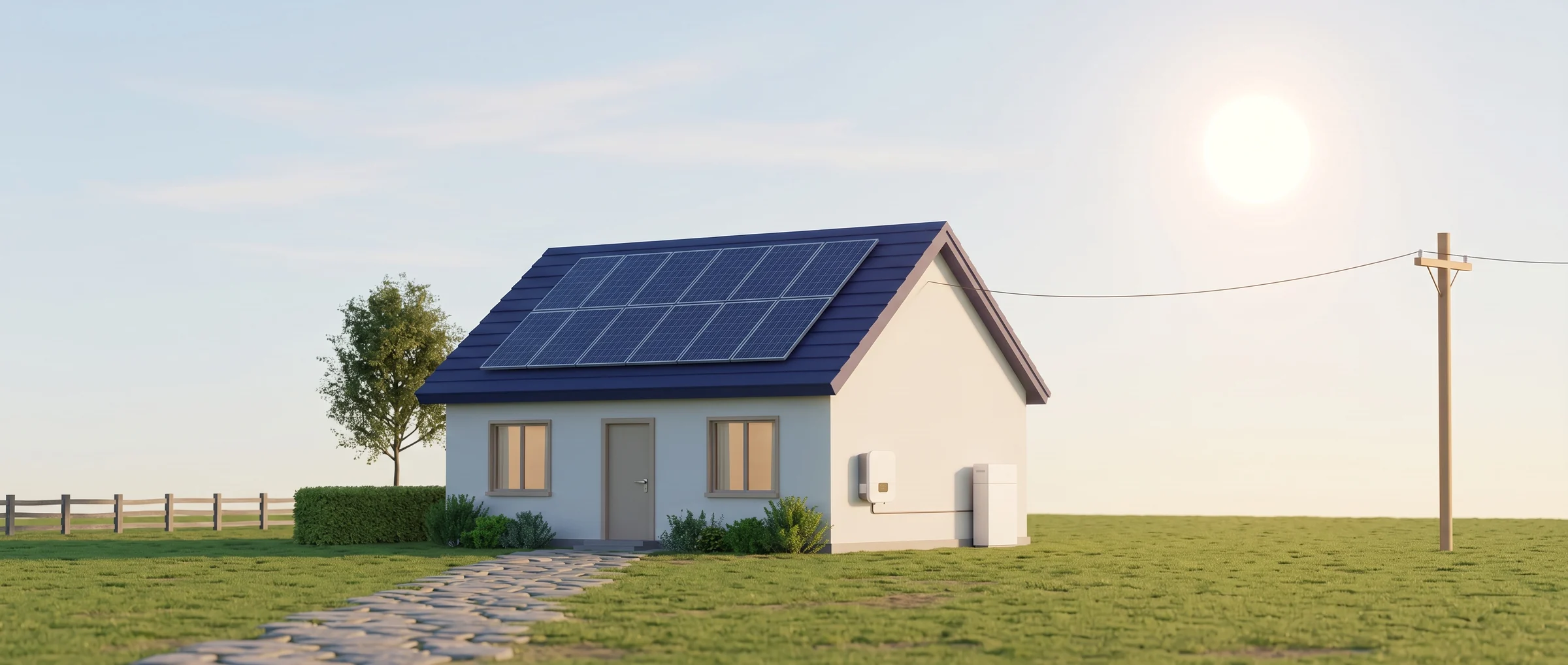 Dom z modułami fotowoltaicznymi na dachu, falownikiem i magazynem energii przy ścianie, słupem sieci, drzewem, żywopłotem i kamienną ścieżką, w dzień