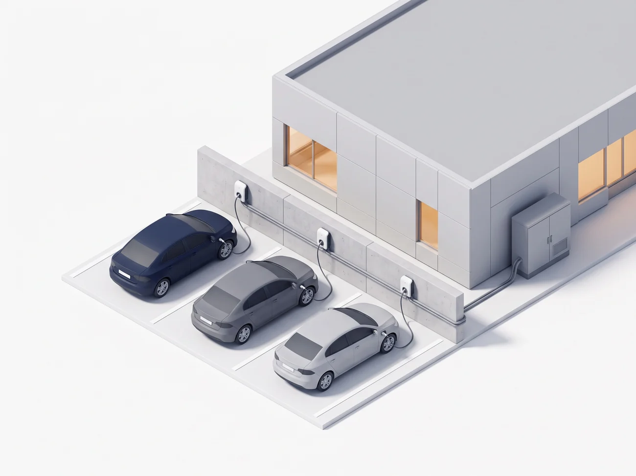 Firmowy parking przy niskim budynku: trzy auta ładują się z trzech stacji na murku
